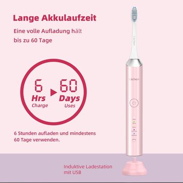 Електрична сонічна зубна щітка Lächen, 5 режимів роботи, рожева — з дорожнім футляром, 4 насадками, USB-зарядкою та таймером, водонепроникна IPX7