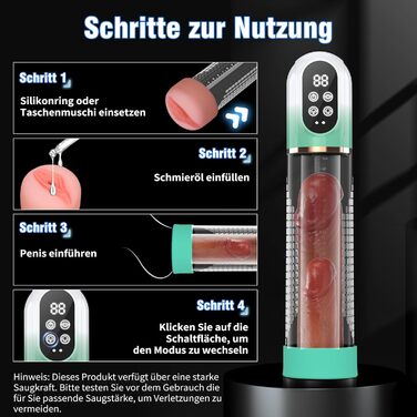 Пумпа для збільшення пеніса HIVEFUN: 4 режими всмоктування, 3 автоматичні тренувальні, водонепроникна (IPX7), сірий/зелений