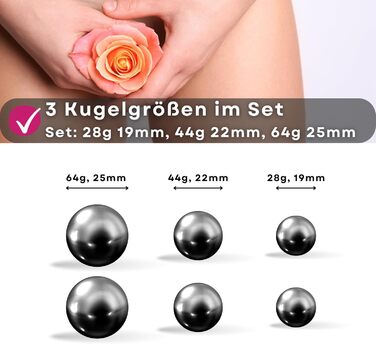 Металеві кульки для тренування тазового дна - набір 3 шт (28г, 44г, 64г) - для жінок