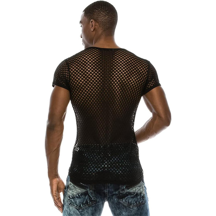 Чоловіча сітчаста футболка з прозорим дизайном, стильна, сексуальна, з короткими рукавами, для нічного клубу, вечірки, вуличної моди. Білий колір.