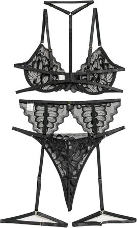 Комплект спідньої білизни Lilosy з чокером, мереживний з квітковим візерунком, пуш-ап, стрінг, для жінок, прозорий бюстгальтер та трусики, 3-частинний, чорний