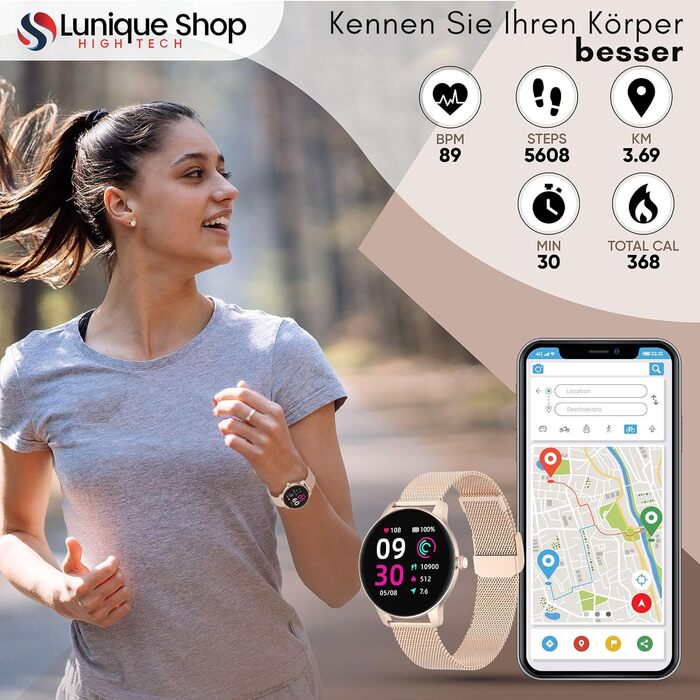 Смарт-годинник LSFIT для жінок круглий Rosegold: фітнес-трекер з вимірюванням кров'яного тиску, крокоміром та моніторингом сну, сумісний з Android та iOS