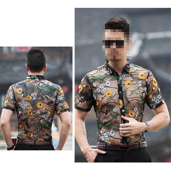 Чоловіча сорочка Deepsko з прозорим дизайном, мереживом та квітковою вишивкою, жовта, літня, з короткими рукавами