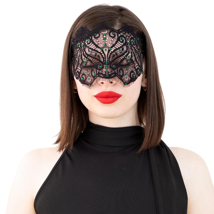 Чорна мереживна маска для жінок з кристалами - елегантна венеціанська маска для карнавалу, вечірки в готичному стилі, косплею, свята - ручної роботи (чорний колір, зелені стрази)