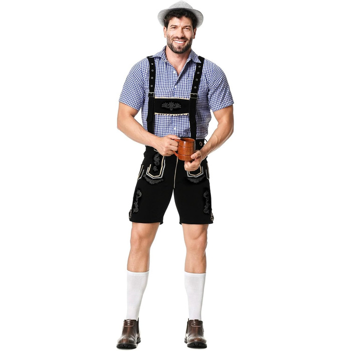 Традиційний костюм для чоловіків RUAOZIA: повний комплект Lederhose, сорочка в керамічну клітинку, для Октоберфесту та тематичних вечірок (чорний, L)