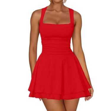 Сукня Daen сексуальнa з квадратним вирізом, облягаюча міні-сукня Bodycon, елегантна вечірня сукня з подвійними рюшами, червона (L)