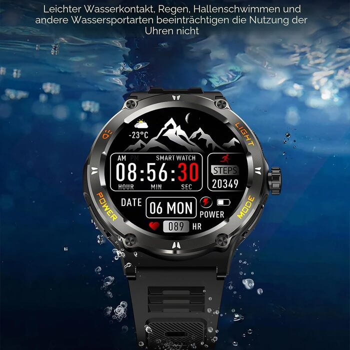 Смарт-годинник findtime Military: міцний тактичний годинник з компасом, LED-ліхтариком, функцією дзвінків та моніторингом серцебиття для Android та iOS, чорний