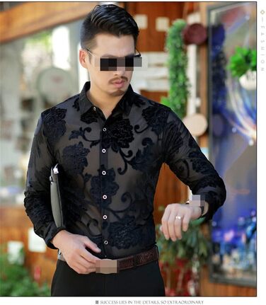 Чоловіча прозора сорочка Bollrllr з квітковою вишивкою, мереживна сорочка, сексуальний прозорий одяг, чорна сорочка XXL