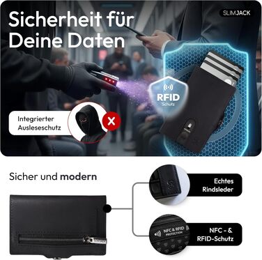 Чоловічий смарт-гаманець SLIMJACK з відділенням для монет та RFID-захистом, шкіряний тримач для кредитних карток з алюмінієвим корпусом, чорний