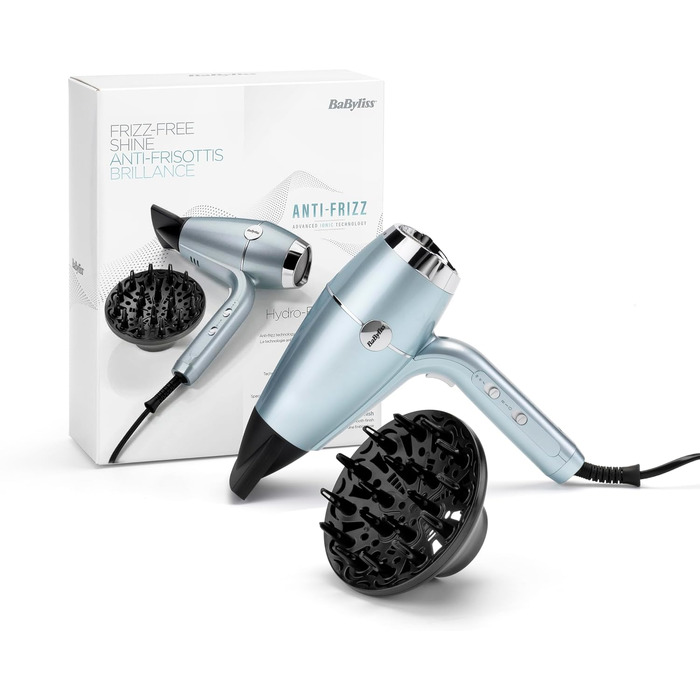 Професійний іонний фен BaByliss Hydro-Fusion 2100W з дифузором та концентратором, плазма-технологія для блиску та гладкості волосся, 3 режими температури, 2 швидкості, синій, D773DE