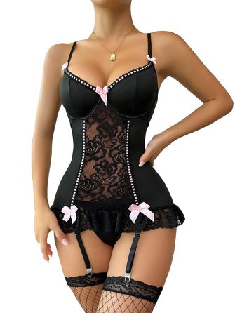 Сексуальний жіночий комплект спідньої білизни: боді з квіткового мережива, стрінги, пояс для панчіх, бантик, A-чорний L