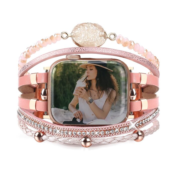 Шкіряний ремінець Boho для Apple Watch 38/40/41/42/44/45/46/49мм, багатошаровий браслет для iWatch Series 11 10 9 8 7 6 5 4 3 2 1 SE Ultra 1 2 3, рожевий