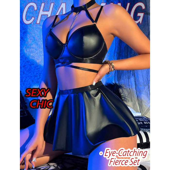 Костюм Adigau Dessous з екошкіри: бюстгальтер, трусики, мініспідниця. Чорний набір для клубів та вечірок з ланцюжком
