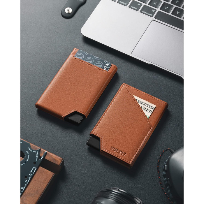 Чоловічий гаманець-картхолдер VULKIT з RFID-захистом, сліма металевий портмоне з висувним механізмом для карток, купюр та монет, коричневий