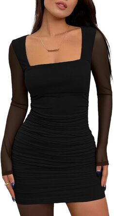 Чорне міні-плаття ELFIN з мереживом, облягаючого крою, на довгий рукав, з квадратним вирізом, для вечірок та клубів