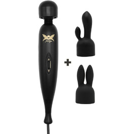 Вібратор Pixey Wand Turbo All-in-One - потужний, з регулюванням швидкості, з мережевим кабелем та 2 насадками (Black Edition, чорний)