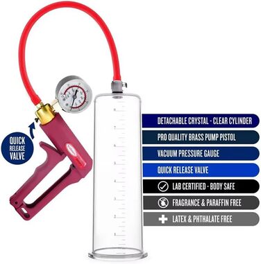 Насос для збільшення пеніса Guspiun з манометром та ручкою. Тренажер для потенції, збільшення розміру та покращення ерекції. Червоний