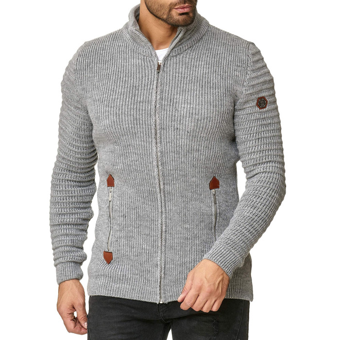 Чоловічий в’язаний кардиган Redbridge зі стійким коміром Basic Luxury, сірий, розмір XL