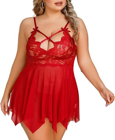 Сексуальна нічна сорочка з мереживом KNDSSMY для жінок, прозора бабідол, нічна сорочка з мережива, великі розміри, танга, червоний XXL