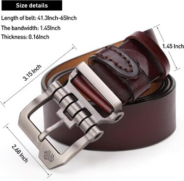 Чоловічий шкіряний ремінь BISON DENIM ретро для джинсів та ділового стилю, 38 мм, коричневий (кава), довжина 115 см, з подарунковою коробкою