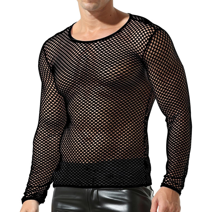 Чоловіча сітчаста футболка QiaTi з довгим рукавом, прозора, мереживна, чорна