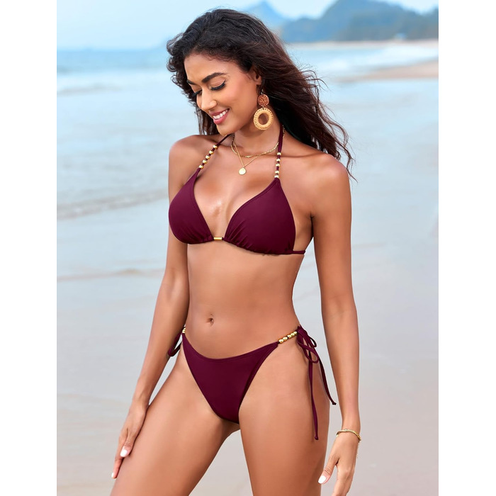 Бікіні жіноче Triangel з золотими перлами, топик халтер з пом'якшувачами та стринги, трусики на зав'язках, фуксія, M
