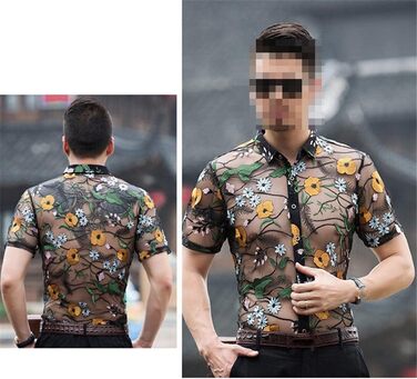 Чоловіча сорочка Deepsko з прозорим дизайном, мереживом та квітковою вишивкою, жовта, літня, з короткими рукавами