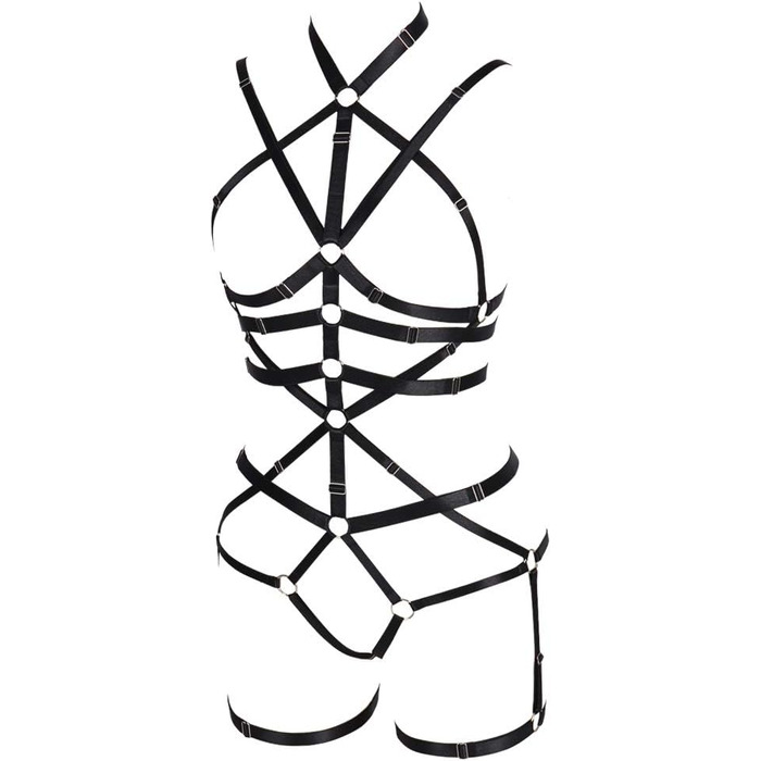 Комплект корсет, бра та стрінг з ремінцями для тіла, чорний, готичний стиль