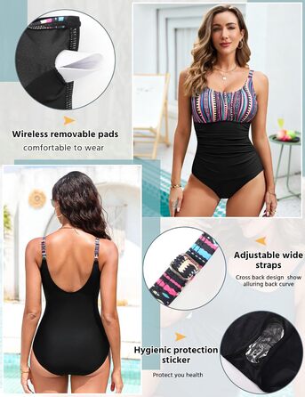 Купальник Vancavoo з пуш-ап, корегуючий, без спинки, з рюшами, пляжний, суцільний (M, Богема + Чорний)