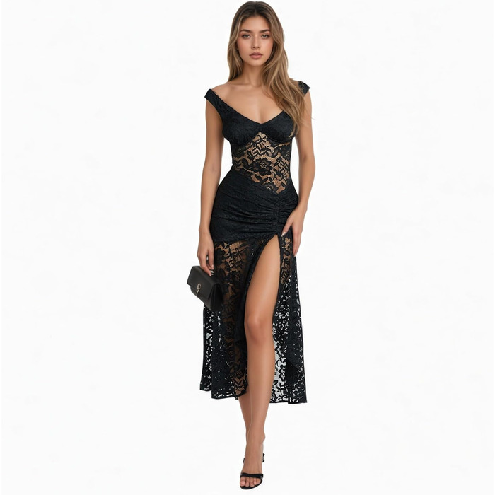 Сукня-макси прозора OCUH Pitzenkleid, чорна (L) - Ефектна вечірня сукня з високим розрізом