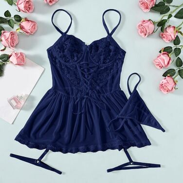 Сексуальна спідня білизна: боді, комплект, babydoll з мережива. Сексуальна нічна сорочка, спідня білизна для свята (темно-синій, L)