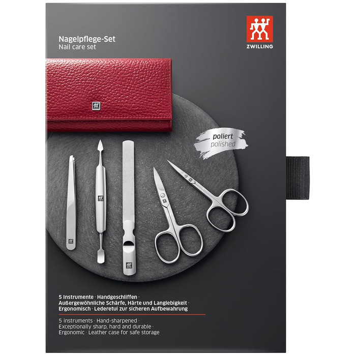 Манікюрний набір ZWILLING Premium Edition (5 предметів) для догляду за нігтями та педикюру, полірована нержавіююча сталь, шкіряний футляр (Червоний)