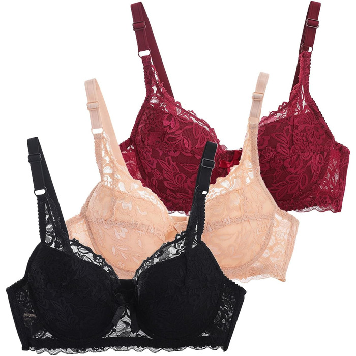 3 шт. комплект бюстгальтерів CSWH для жінок з кісточками, мереживний бюстгальтер з регульованими бретелями, push-up, сексуальний бюстгальтер для дівчат, дихаючий, м'який, зручний, Y2K, спідня білизна, бюстгальтер для щоденного використання (#01 (чорний+че