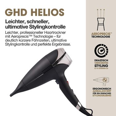 Професійний фен для волосся ghd Helios: швидке сушіння, низький рівень шуму, легка вага, чорний колір, для ідеального стайлінгу та blow-out