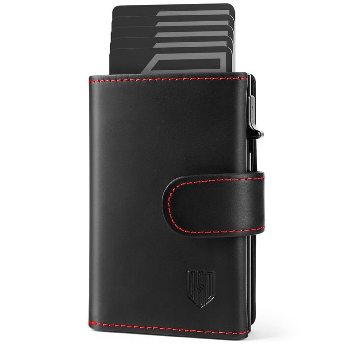 Чоловічий RFID гаманець-картхолдер DODENSHA з автоматичним pop-up механізмом, відділенням для монет та вікном для ID, алюмінієвий (Чорний-червоний)