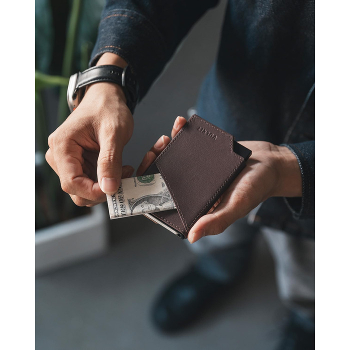 Чоловічий гаманець-картхолдер VULKIT з RFID-захистом та Pop-up механізмом, металевий кейс для карток та відділення для купюр і монет (натуральна шкіра, Espresso)