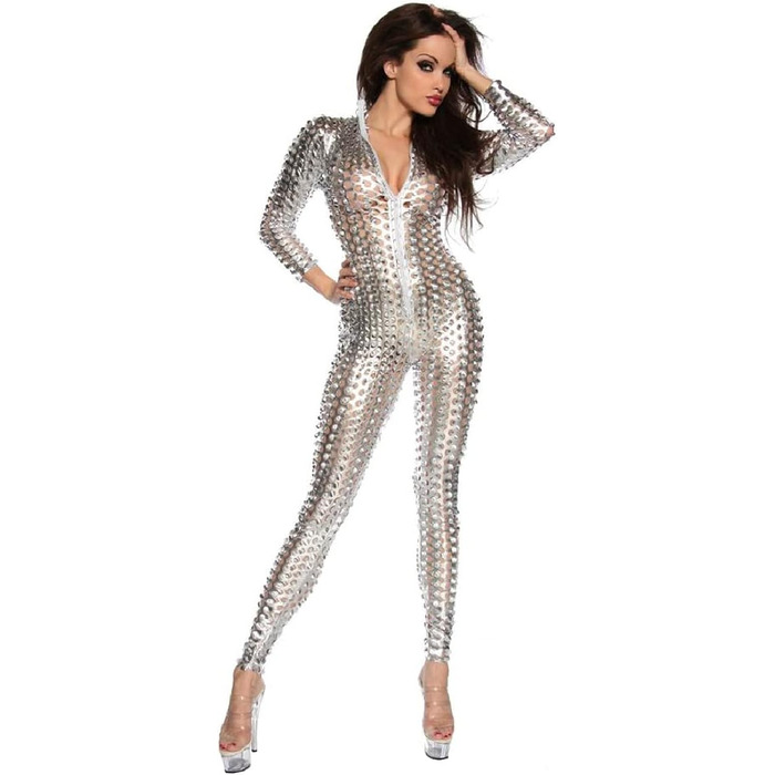 Сексуальний сріблястий металевий боді для жінок MIMIKRY з перфорацією. Костюм, комбінезон, для дискотеки 70-х, 80-х