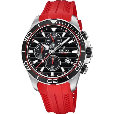 Чоловічий годинник-хронограф Festina F20370: кварцовий механізм, водонепроникність 10 ATM, червоний гумовий ремінець
