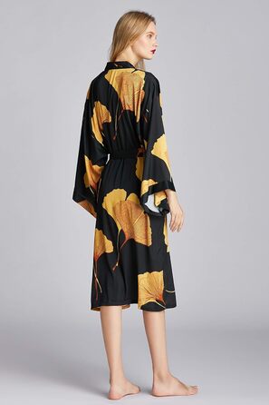 Жіночий халат-кімоно з довгим рукавом з атласу, принт листя гінкго, для нареченої/свідки, універсальний розмір, чорний