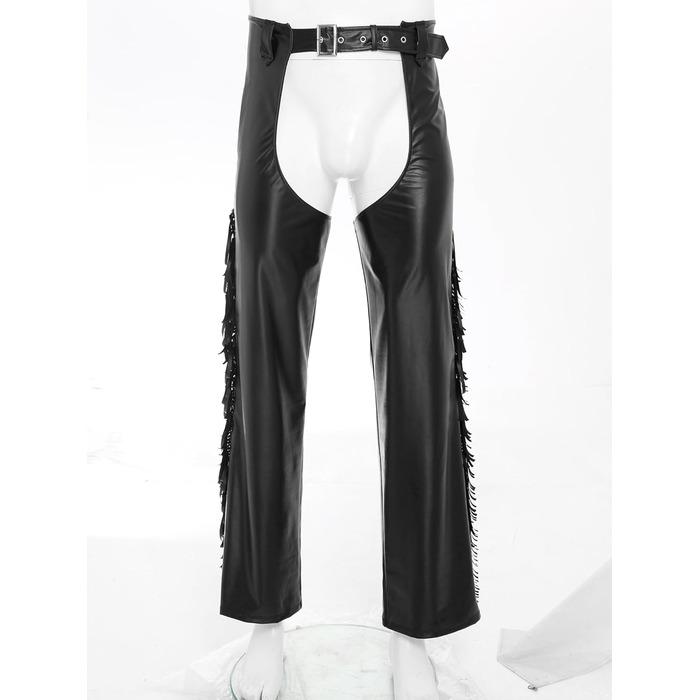 Чоловічі шкіряні лосини з ефектом мокрого блиску, відкриті штани, косплей каубой, чaps, лосини з бахромою, еротичні, чорні, 3XL