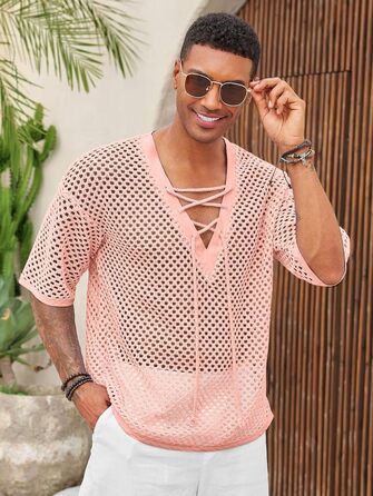 Чоловіча пляжна сорочка Runcati з шнурівкою, V-подібний виріз, в'язана, мереживна, прозора, літня сорочка (Рожева, L)