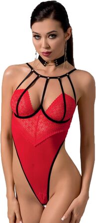 Еротична жіноча білизна: стрінг-боді червоного кольору з тюлю та мережива, прозорий, з кісточками, S-M