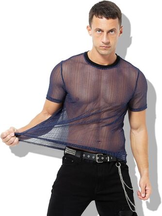 Прозора футболка Casey Kevin Herren з блискітками, короткий рукав, клубний стиль, синій (L)