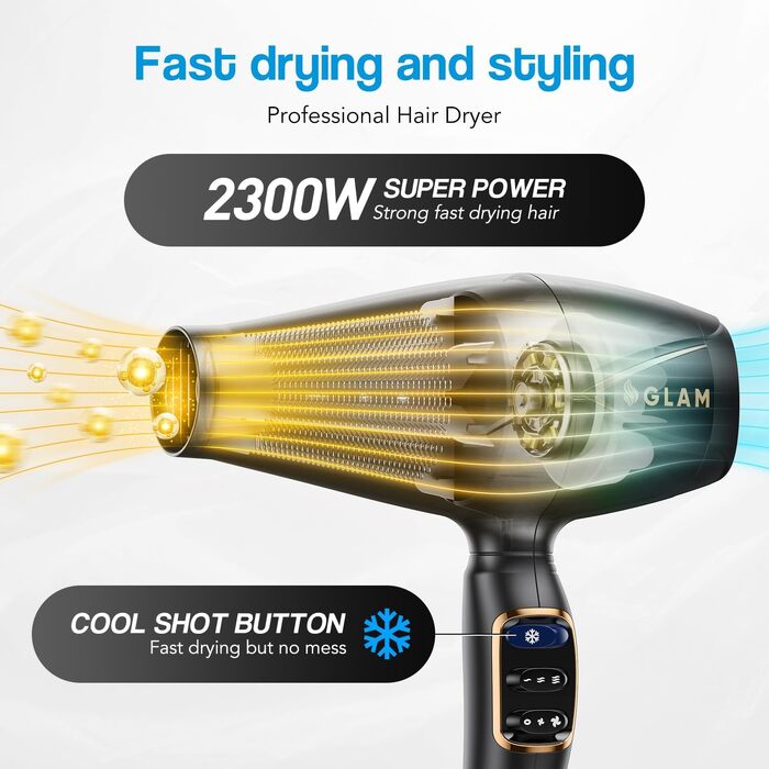 Професійний фен для волосся GLAM Profi 2300W з іонізацією, AC-мотором, дифузором та концентратором