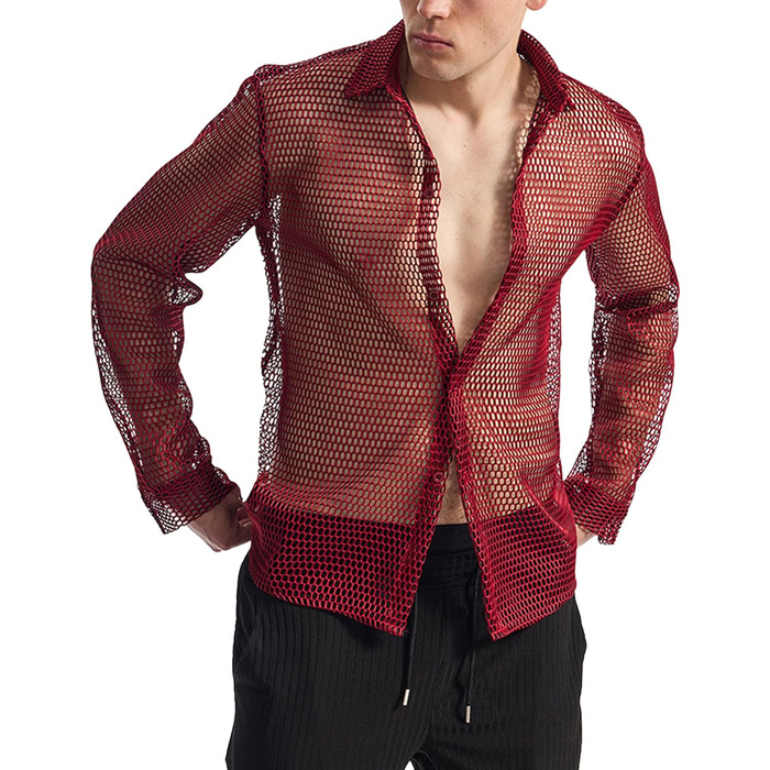 Чоловіча сітчаста сорочка AIEOE: прозора сорочка-сітка для вечірки, червона (XXL)