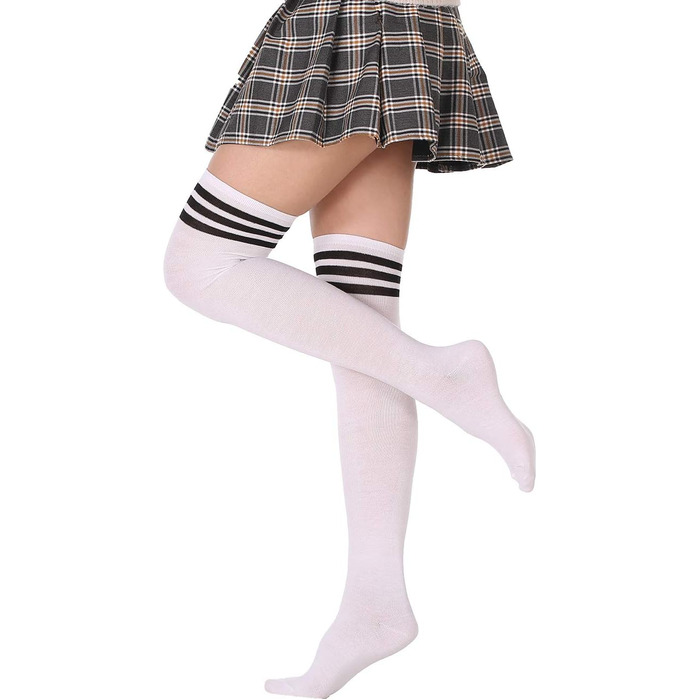 DRESHOW 3 пари довгих жіночих шкарпеток вище коліна, гоножиків, панчіх у смужку (3 пари: чорний, сірий, білий)