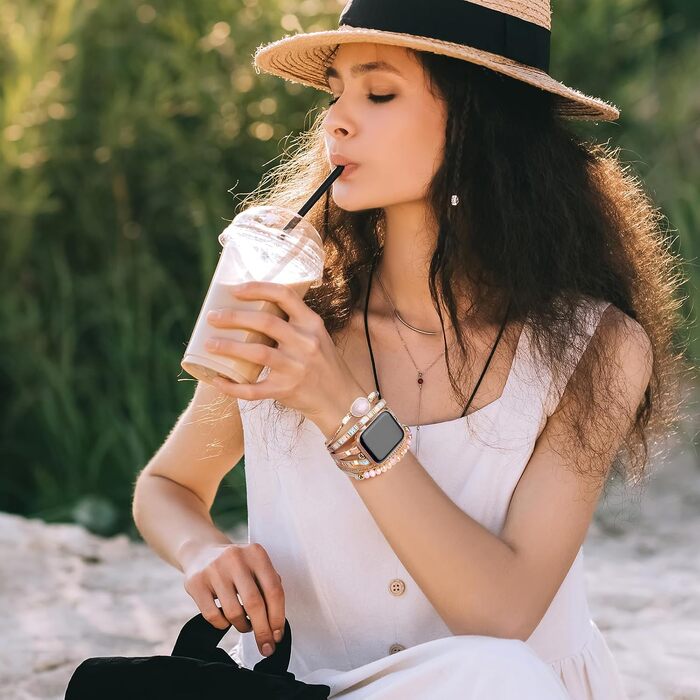 Шкіряний ремінець Boho для Apple Watch 38/40/41/42/44/45/46/49мм, багатошаровий браслет для iWatch Series 11 10 9 8 7 6 5 4 3 2 1 SE Ultra 1 2 3, рожевий