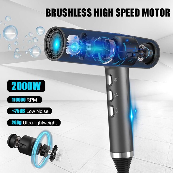 Професійний фен для волосся slopehill 2000W, 110000 RPM, з іонізацією OxyActive та LED-дисплеєм, легкий (Сірий)