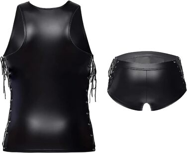 Чоловічий комплект: шкіряна жилетка, шорти, майка. Сексуальний набір для ночі. Чорний, без рукавів, облягаючий, для нічного клубу. Wetlook, комплект з 5 частин.