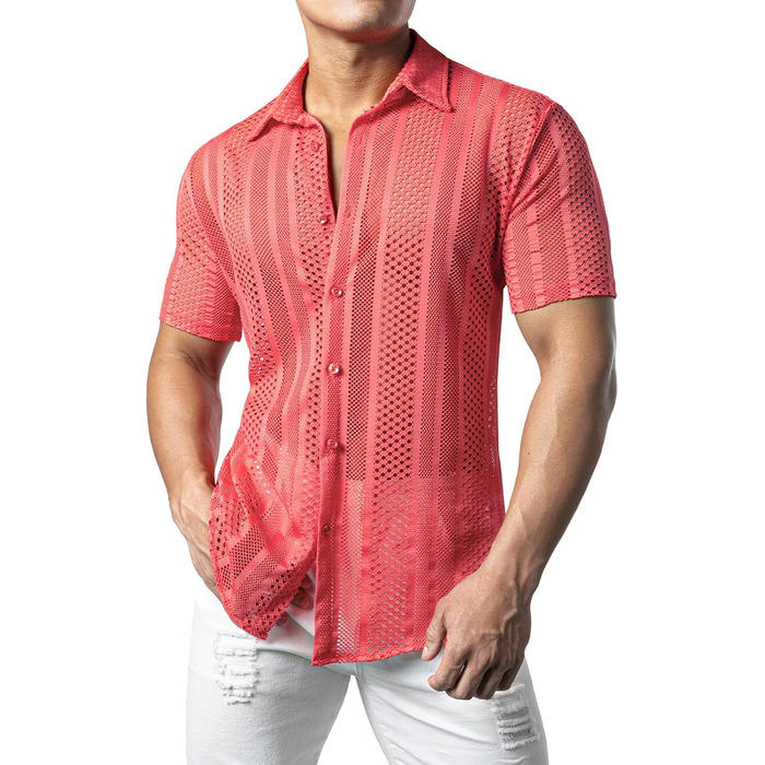 Чоловіча сорочка JOGA з мереживом, короткий рукав, для відпочинку, колір кораловий (XXL)